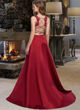 Gabrielle Ball-Gown/Princess V-neck Sweep Train Satin Lace Prom Dresses With Sequins UKP0017289