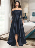 Carla A-Line Off-the-Shoulder Asymmetrical Satin Lace Prom Dresses With Ruffle Sequins UKP0017290