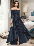 Carla A-Line Off-the-Shoulder Asymmetrical Satin Lace Prom Dresses With Ruffle Sequins UKP0017290