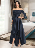 Carla A-Line Off-the-Shoulder Asymmetrical Satin Lace Prom Dresses With Ruffle Sequins UKP0017290