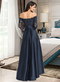 Carla A-Line Off-the-Shoulder Asymmetrical Satin Lace Prom Dresses With Ruffle Sequins UKP0017290