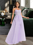 Aisha Ball-Gown/Princess Scoop Sweep Train Tulle Lace Prom Dresses With Sequins UKP0017293