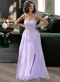 Aisha Ball-Gown/Princess Scoop Sweep Train Tulle Lace Prom Dresses With Sequins UKP0017293