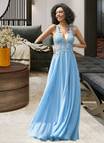 Natalie A-line V-Neck Floor-Length Chiffon Lace Prom Dresses UKP0017295