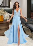 Natalie A-line V-Neck Floor-Length Chiffon Lace Prom Dresses UKP0017295