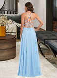 Natalie A-line V-Neck Floor-Length Chiffon Lace Prom Dresses UKP0017295