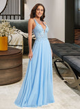 Natalie A-line V-Neck Floor-Length Chiffon Lace Prom Dresses UKP0017295