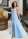 Natalie A-line V-Neck Floor-Length Chiffon Lace Prom Dresses UKP0017295