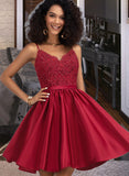 Jess A-Line V-neck Short/Mini Satin Lace Prom Dresses With Beading UKP0017299