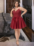 Jess A-Line V-neck Short/Mini Satin Lace Prom Dresses With Beading UKP0017299