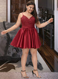 Jess A-Line V-neck Short/Mini Satin Lace Prom Dresses With Beading UKP0017299