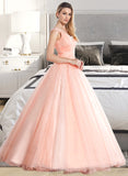 Rose Ball-Gown/Princess V-neck Floor-Length Organza Satin Prom Dresses With Ruffle Beading Sequins UKP0017300