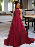 Emily A-line Halter Floor-Length Chiffon Lace Prom Dresses With Sequins UKP0017301