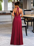 Emily A-line Halter Floor-Length Chiffon Lace Prom Dresses With Sequins UKP0017301