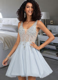 Selah A-line V-Neck Short/Mini Tulle Prom Dresses With Beading Sequins UKP0017305