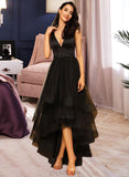 Hedda A-Line V-neck Asymmetrical Tulle Prom Dresses With Beading UKP0017306