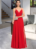 Joyce A-line V-Neck Floor-Length Chiffon Prom Dresses With Ruffle UKP0017307