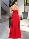 Joyce A-line V-Neck Floor-Length Chiffon Prom Dresses With Ruffle UKP0017307