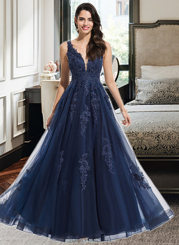 Frederica A-line V-Neck Floor-Length Tulle Prom Dresses With Sequins UKP0017309