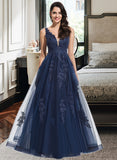 Frederica A-line V-Neck Floor-Length Tulle Prom Dresses With Sequins UKP0017309