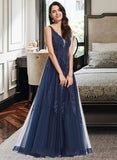 Frederica A-line V-Neck Floor-Length Tulle Prom Dresses With Sequins UKP0017309