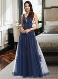 Frederica A-line V-Neck Floor-Length Tulle Prom Dresses With Sequins UKP0017309