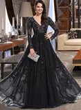 Desirae Ball-Gown/Princess V-neck Sweep Train Tulle Prom Dresses With Sequins UKP0017310