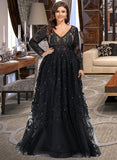 Desirae Ball-Gown/Princess V-neck Sweep Train Tulle Prom Dresses With Sequins UKP0017310