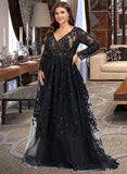 Desirae Ball-Gown/Princess V-neck Sweep Train Tulle Prom Dresses With Sequins UKP0017310