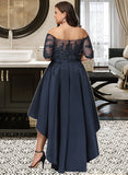 Jaylene A-Line Off-the-Shoulder Asymmetrical Satin Lace Prom Dresses UKP0017312