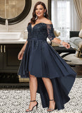 Jaylene A-Line Off-the-Shoulder Asymmetrical Satin Lace Prom Dresses UKP0017312