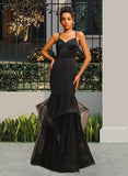 Thea Trumpet/Mermaid V-Neck Floor-Length Satin Tulle Prom Dresses UKP0017313