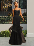 Thea Trumpet/Mermaid V-Neck Floor-Length Satin Tulle Prom Dresses UKP0017313