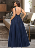 Presley A-Line V-neck Floor-Length Tulle Lace Prom Dresses With Beading Sequins UKP0017314