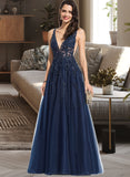 Presley A-Line V-neck Floor-Length Tulle Lace Prom Dresses With Beading Sequins UKP0017314