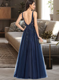 Presley A-Line V-neck Floor-Length Tulle Lace Prom Dresses With Beading Sequins UKP0017314