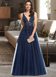 Presley A-Line V-neck Floor-Length Tulle Lace Prom Dresses With Beading Sequins UKP0017314