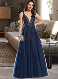 Presley A-Line V-neck Floor-Length Tulle Lace Prom Dresses With Beading Sequins UKP0017314