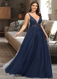 Presley A-Line V-neck Floor-Length Tulle Lace Prom Dresses With Beading Sequins UKP0017314