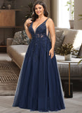 Presley A-Line V-neck Floor-Length Tulle Lace Prom Dresses With Beading Sequins UKP0017314