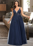 Presley A-Line V-neck Floor-Length Tulle Lace Prom Dresses With Beading Sequins UKP0017314