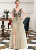 Keira A-Line V-neck Floor-Length Tulle Prom Dresses With Beading Sequins UKP0017316