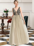 Keira A-Line V-neck Floor-Length Tulle Prom Dresses With Beading Sequins UKP0017316