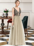 Keira A-Line V-neck Floor-Length Tulle Prom Dresses With Beading Sequins UKP0017316