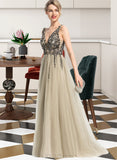 Keira A-Line V-neck Floor-Length Tulle Prom Dresses With Beading Sequins UKP0017316