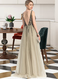 Keira A-Line V-neck Floor-Length Tulle Prom Dresses With Beading Sequins UKP0017316