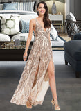 Cailyn A-Line V-neck Floor-Length Sequined Prom Dresses With Sequins UKP0017317