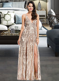 Cailyn A-Line V-neck Floor-Length Sequined Prom Dresses With Sequins UKP0017317