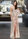 Cailyn A-Line V-neck Floor-Length Sequined Prom Dresses With Sequins UKP0017317