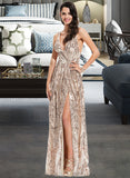 Cailyn A-Line V-neck Floor-Length Sequined Prom Dresses With Sequins UKP0017317